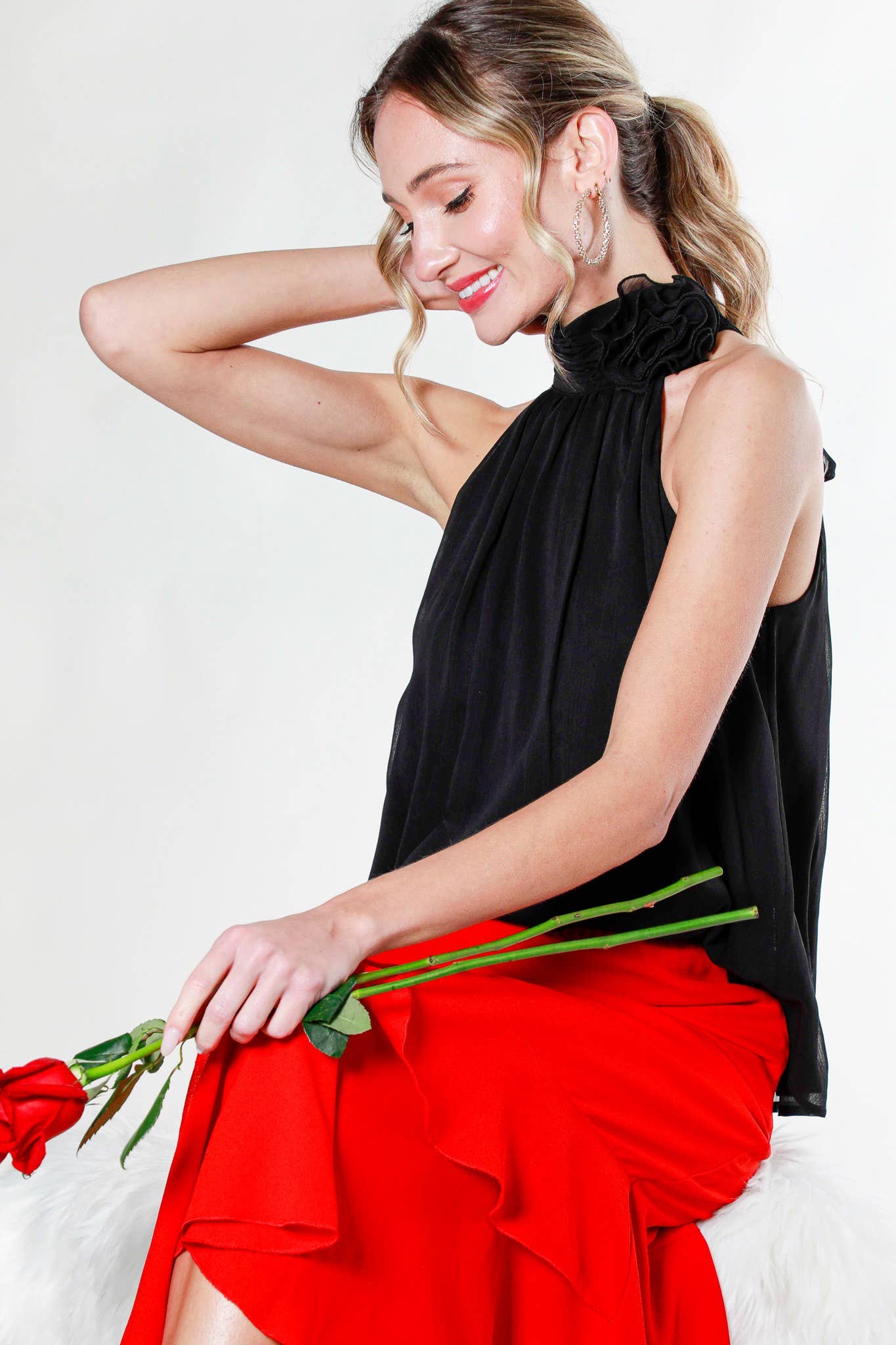 Tie Neck Corsage Flower Blouse