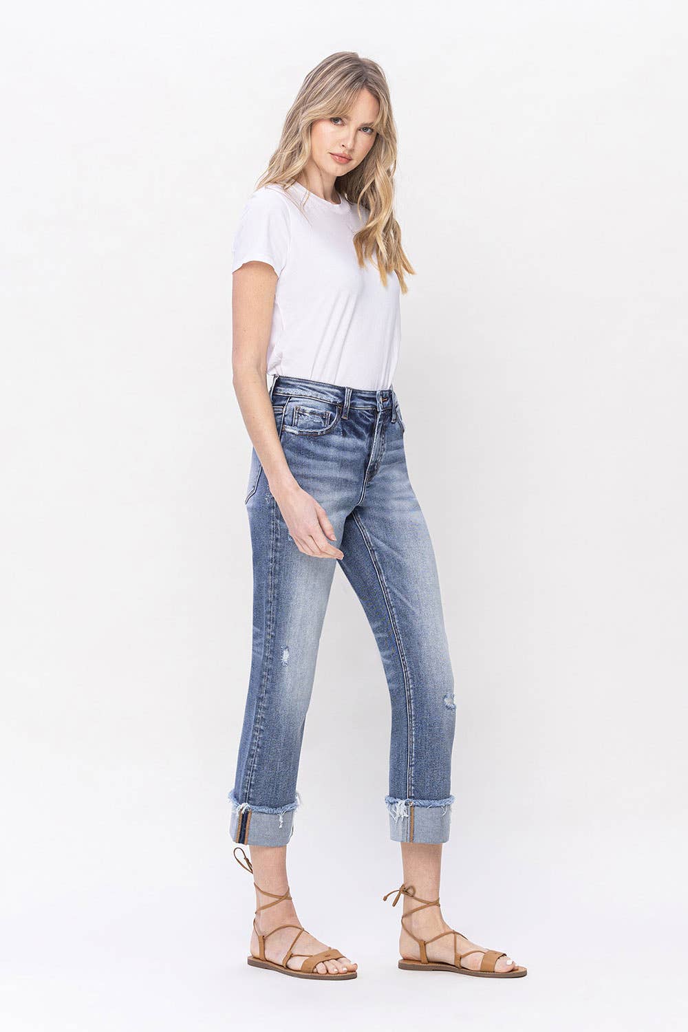 High Rise Cuffed Straight Jeans