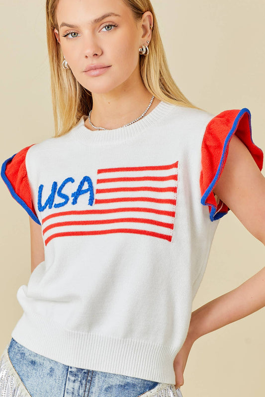 USA Flag Embroidered Sleevless Ruffle Sweater