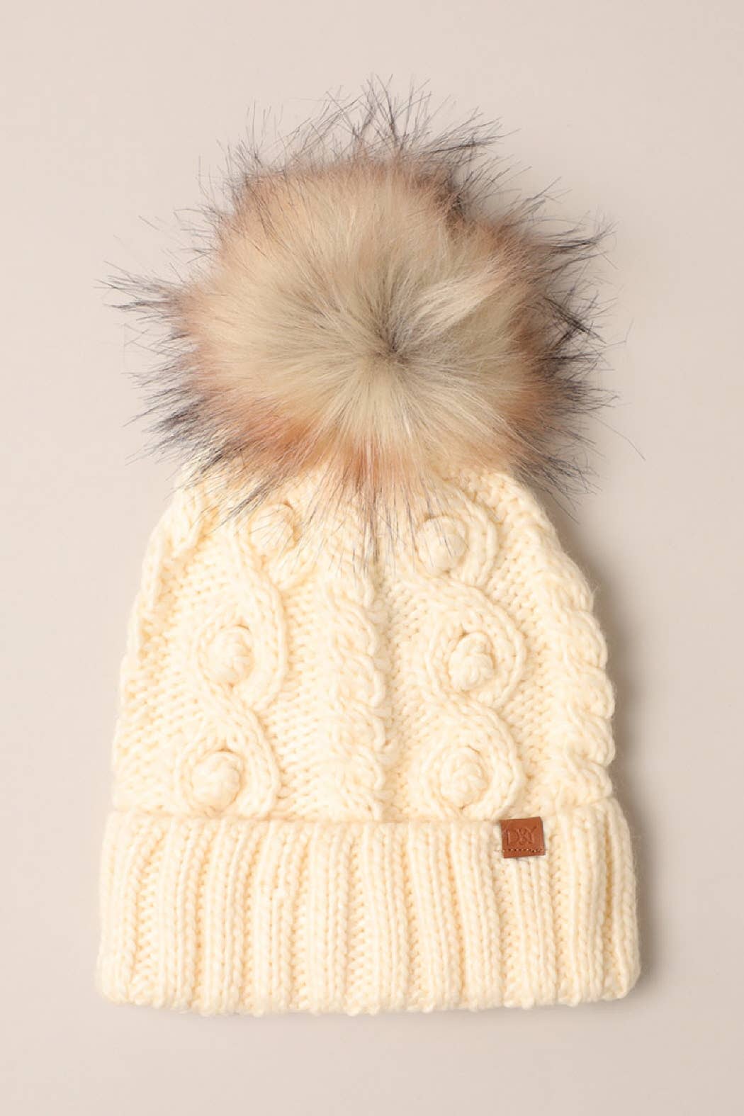 Popcorn Trim Knit Beanie w/ Faux Fur Pom