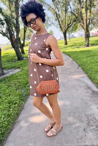 Mocha Latte Linen Polka Dot Mini Dress