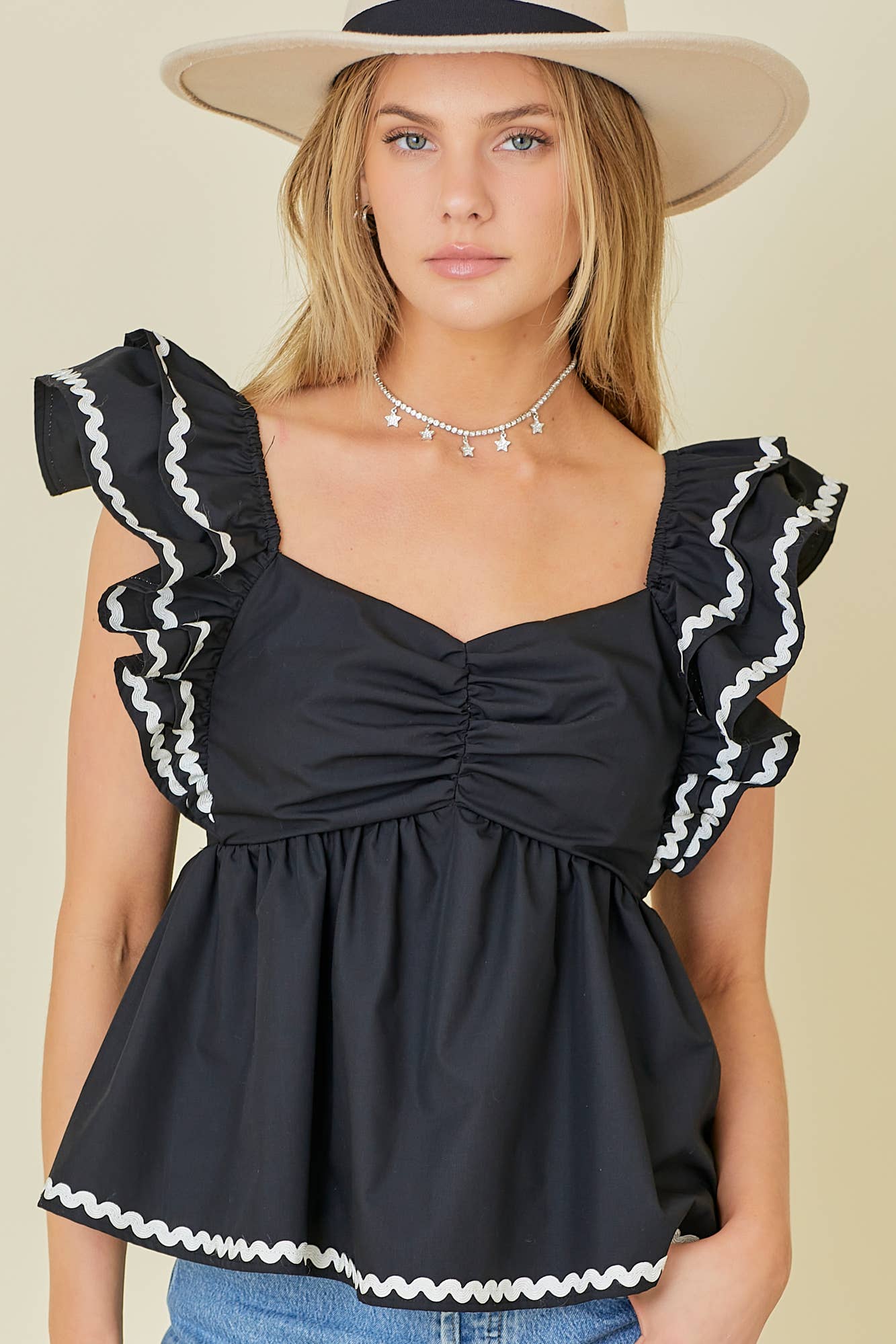 Double Ruffle Ric Rac Trim Baby Doll Top