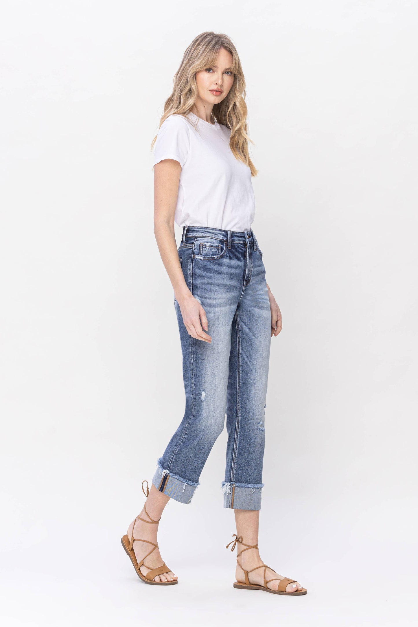 High Rise Cuffed Straight Jeans