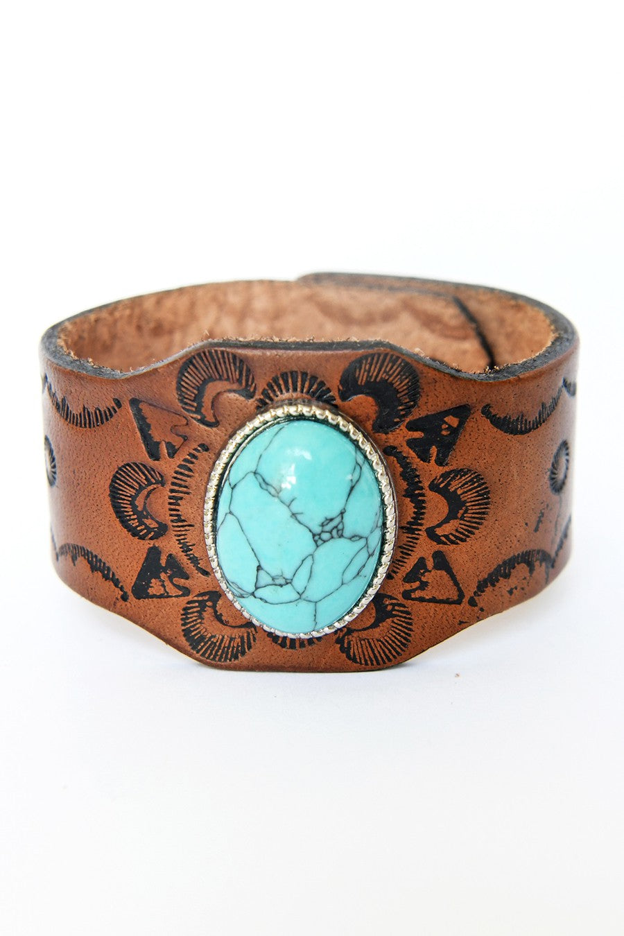 Turquoise Stone Embellished Embossed Leather Cuff