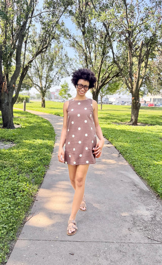 Mocha Latte Linen Polka Dot Mini Dress