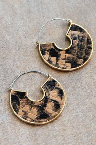 Brown Snake Print Leather Hoop Earrings