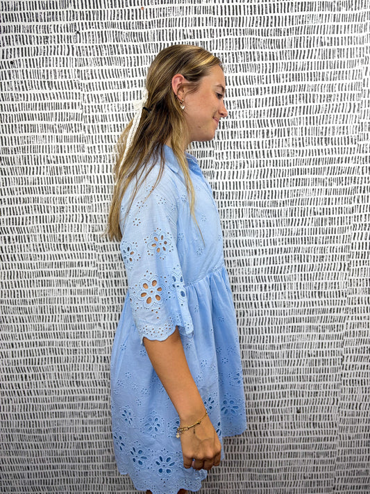 Dina Embroidered Scallop Edge Detail Mini Shirt Dress