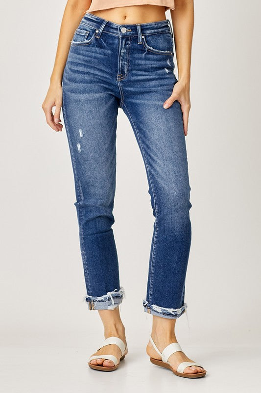 Risen High-Rise Cuffed Straight Jeans