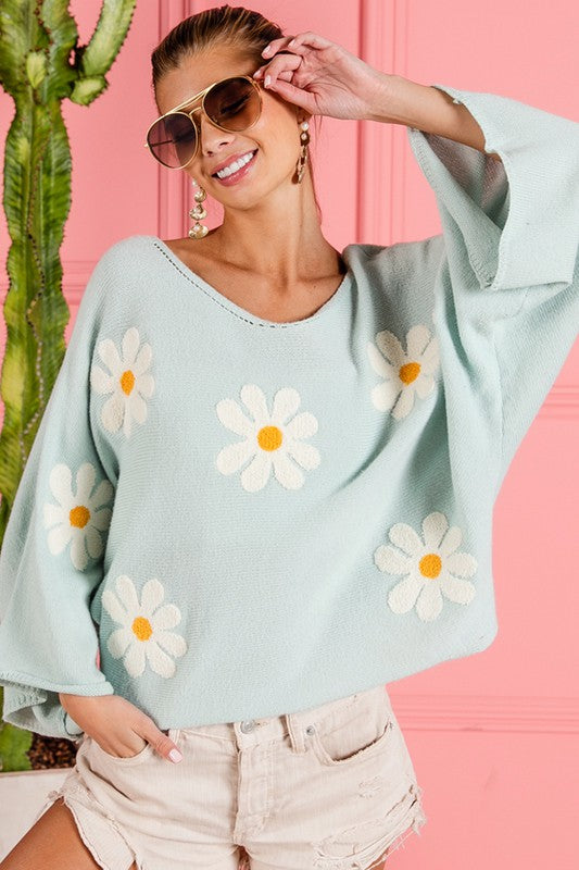 Flower Embroided Loose Fit Knit Top