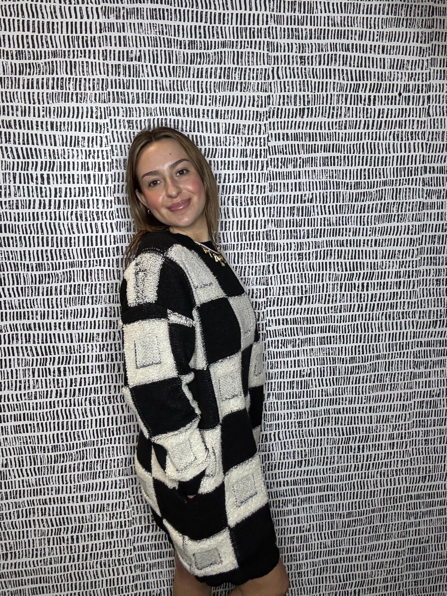 Fuzzy Checkered Mini Sweater Dressu