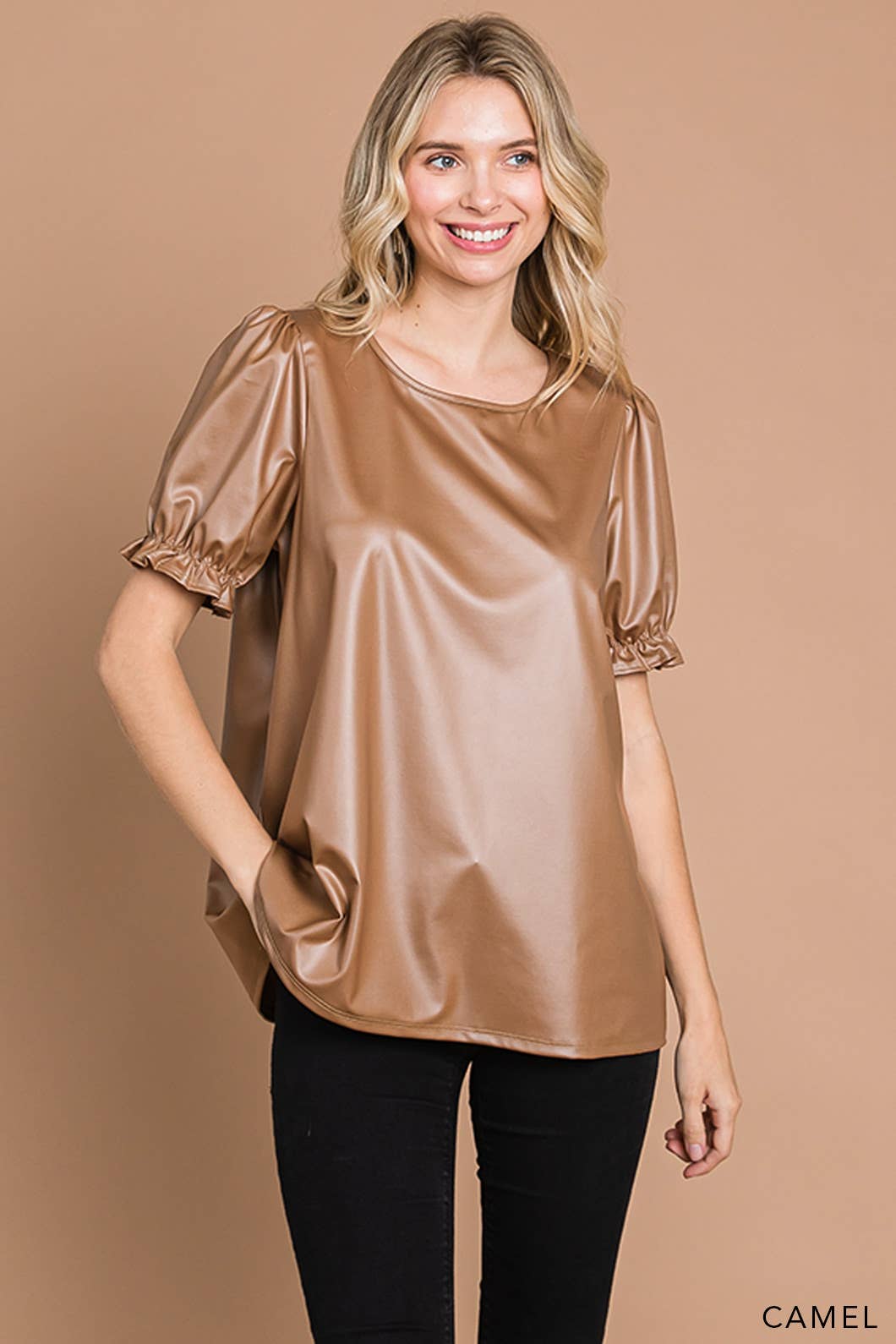 Faux Leather Top w/ Ruffle Sleeve