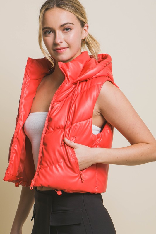 Faux Leather Chevron Puffer Vest