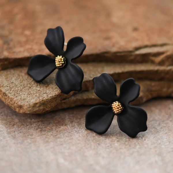 Black Painted Metal Flower Stud Earrings