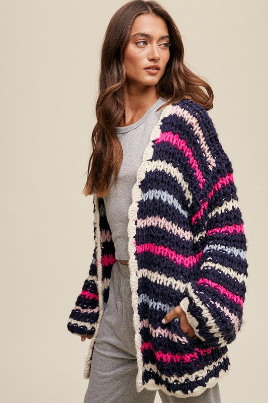 Striped Hand Knit Slouchy Open Cardigan