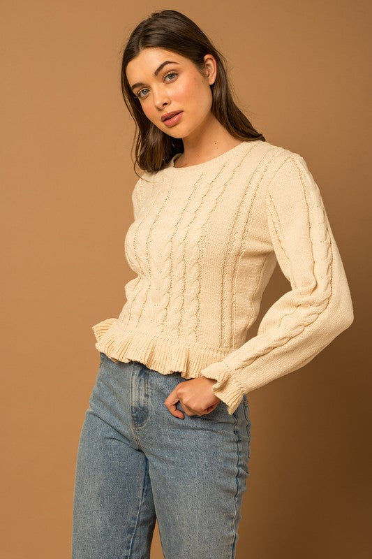 Ruffle Detail Cable Sweater