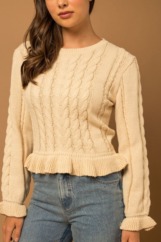 Ruffle Detail Cable Sweater