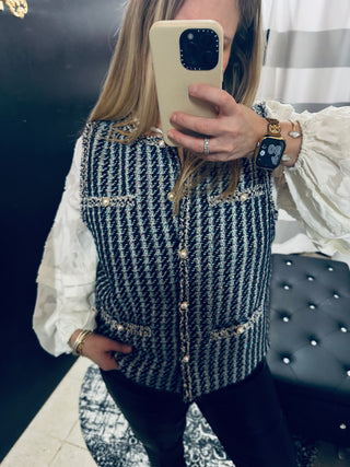 Sleeveless Accent Pearl Button Tweed Vest