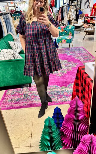 Plaid Puff Sleeve Tiered Midi Dress