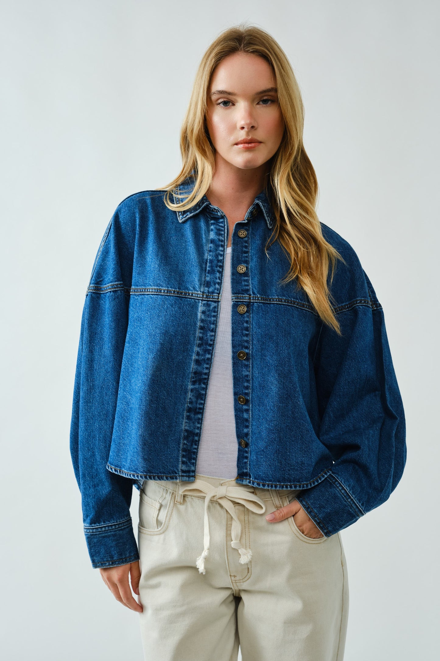 Ben Ballon Shoulder Denim Button Up