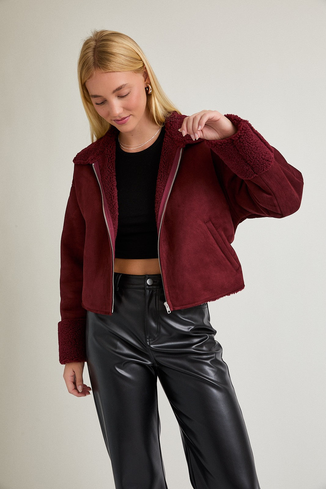 Wine Fur Contrast Zip Up Suede Jacket