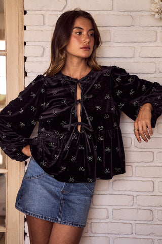 Tina Bow Tie Velvet Top