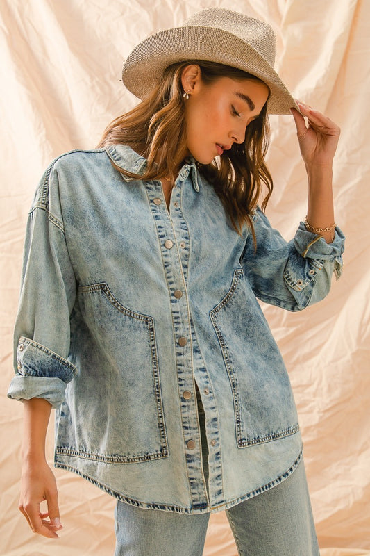 Willie Washed Denim Button Down Shirt Top