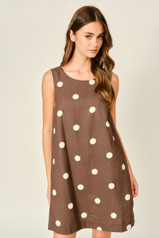 Mocha Latte Linen Polka Dot Mini Dress
