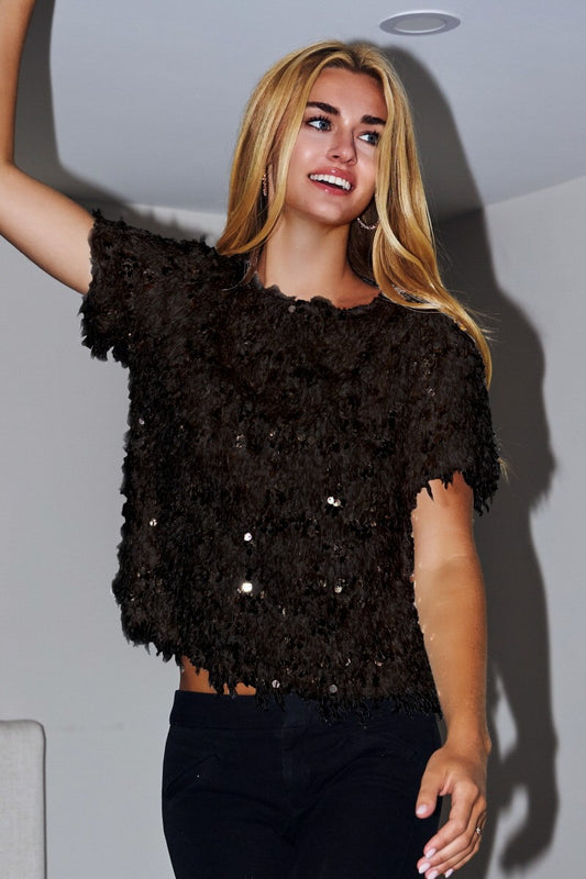 Kim Sequin Furry Short Sleeve Top