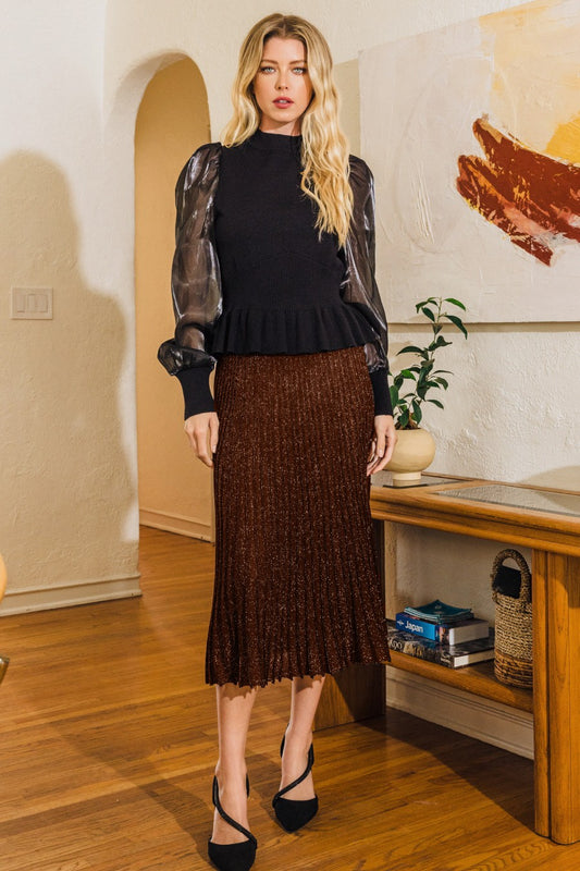 Faith Pleated Metallic Knit Midi Skirt