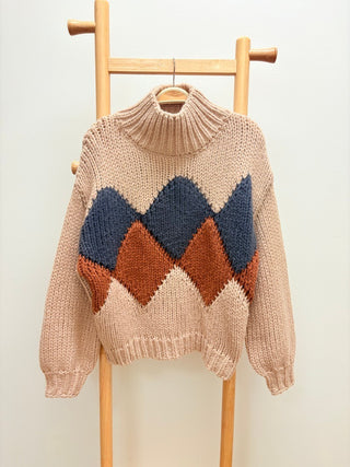 Argyle Pattern Turtleneck Yarn Sweater