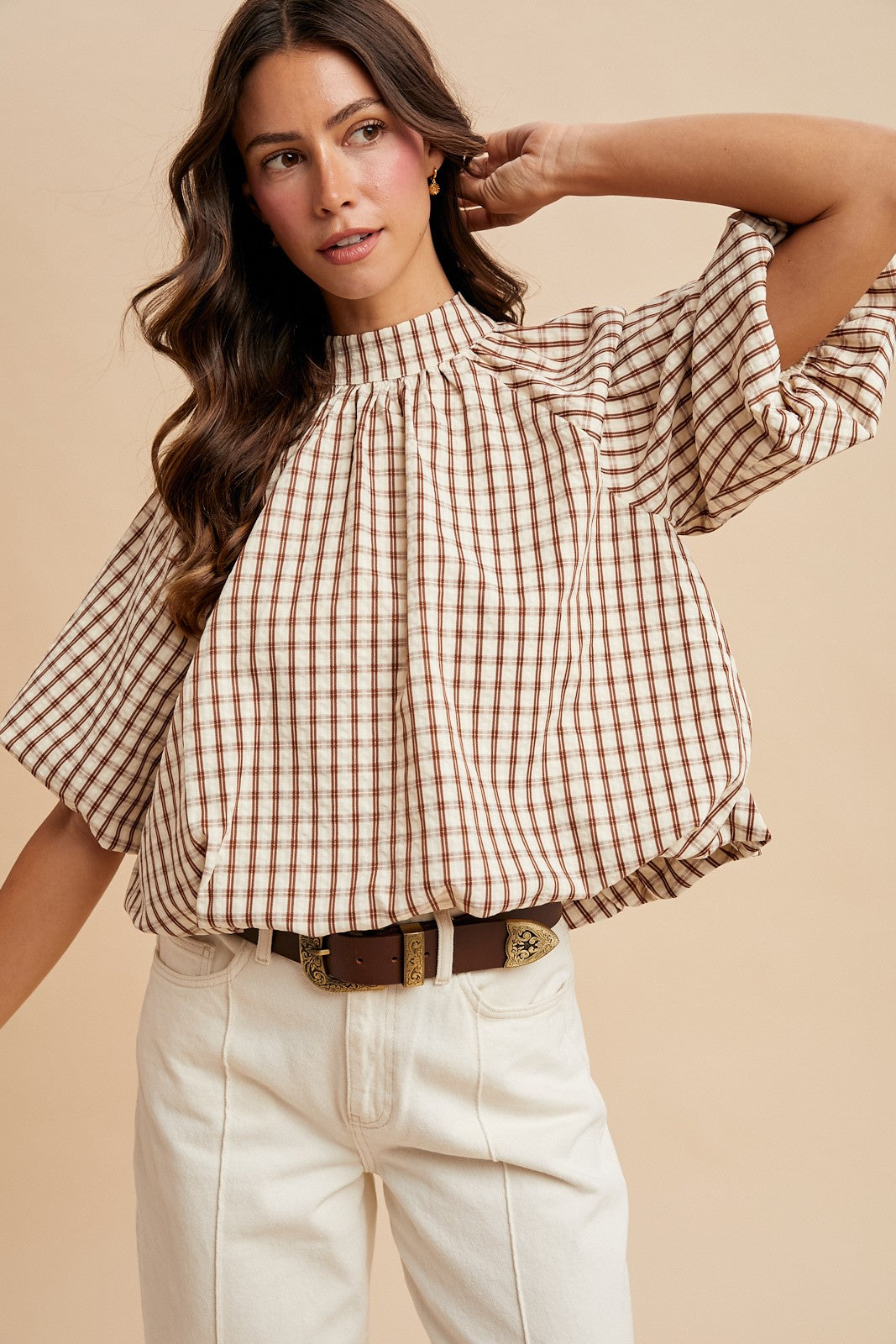 Chesney Checker Back Bow Detail Bubble Blouse