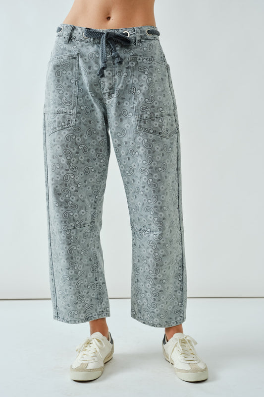 Paisley Barrel Denim Pants With Eyelet Waist