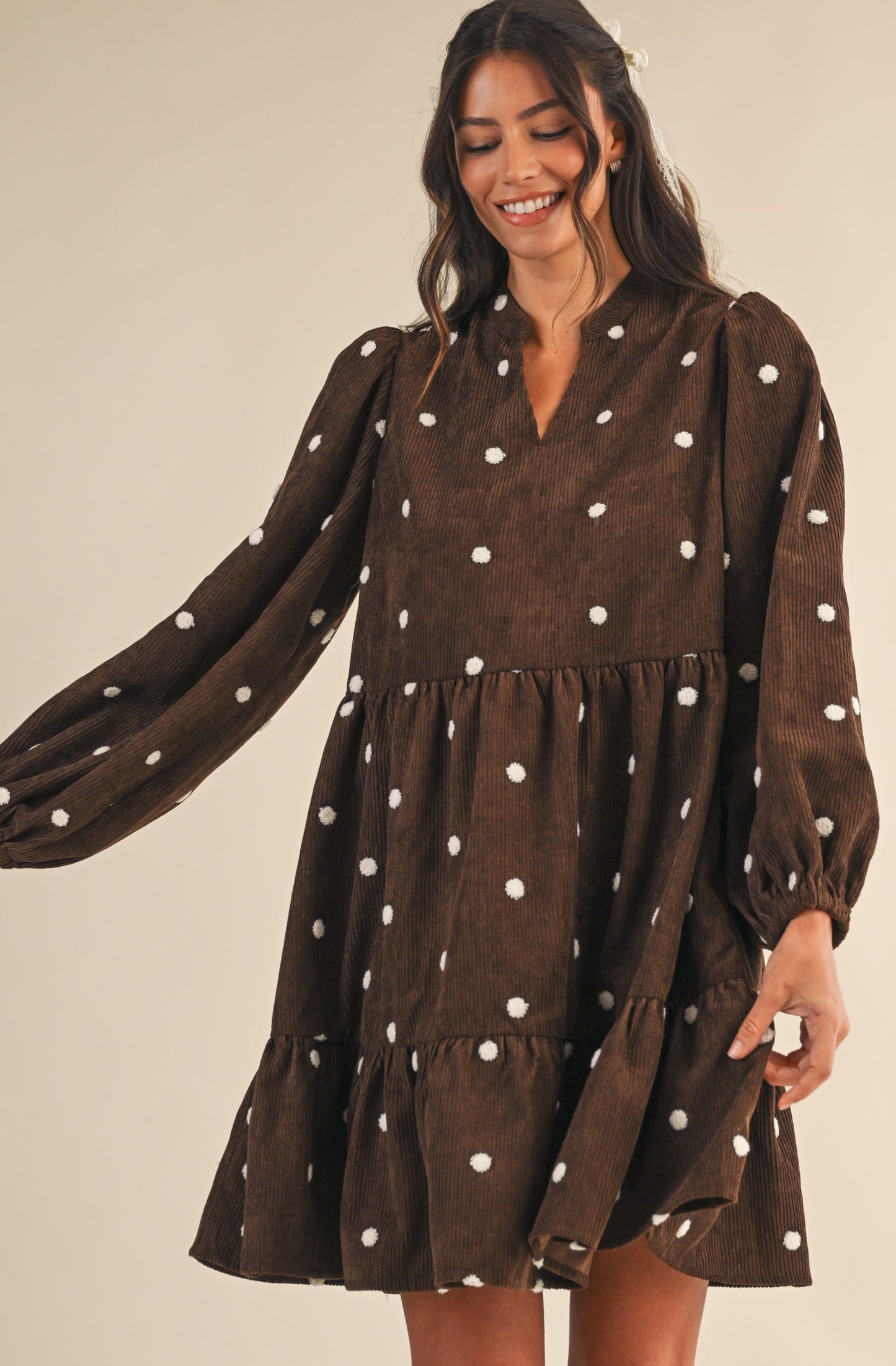 Penny Pom-pom Dot Corduroy Tiered Mini Dress