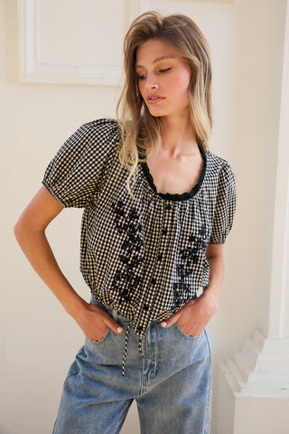 Elodie Embroidered Gingham Top