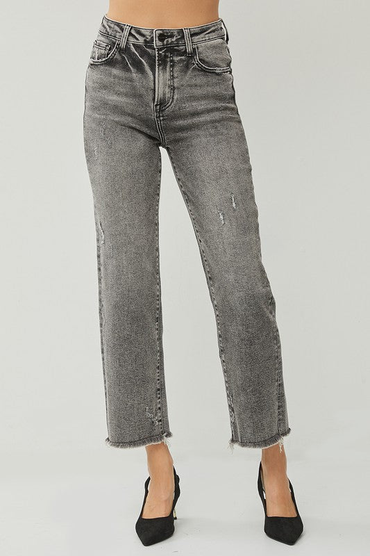 Alaina HR Straight Frayed Hem Jeans