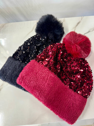 Sequin Festive Beanie w/ Pom Pom