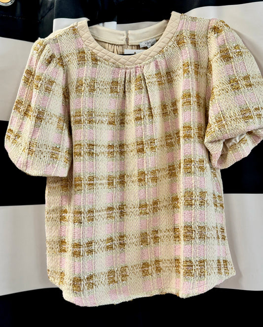 Tweed Bubble Sleeve Plaid Top