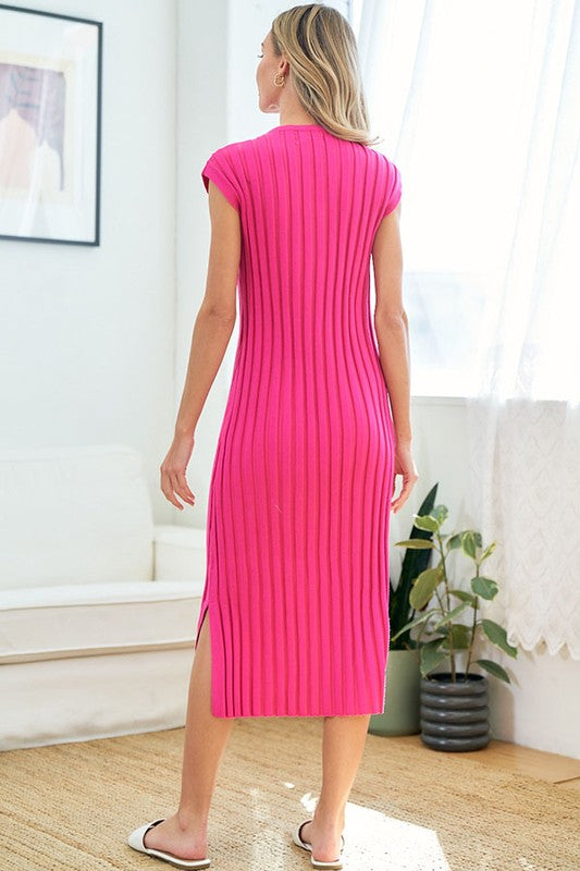 Ribbed Split Neck Knit Dress