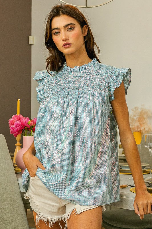 Sequin Gingham Smocked Top