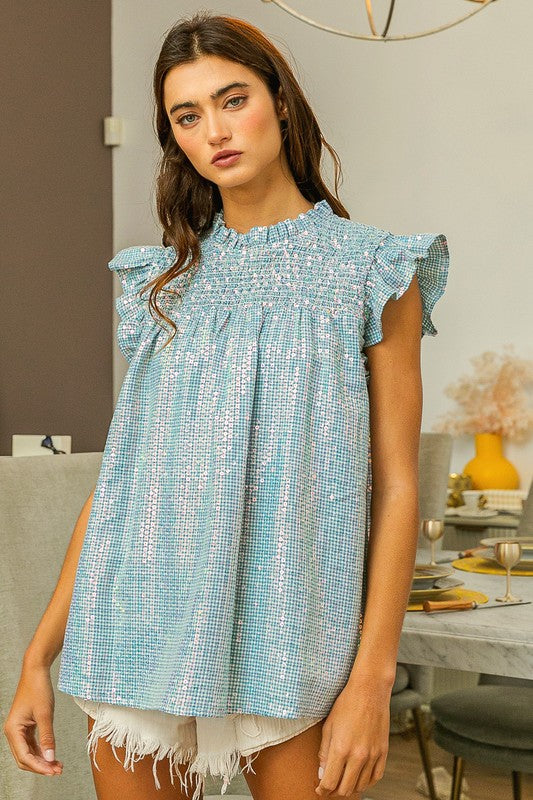 Sequin Gingham Smocked Top