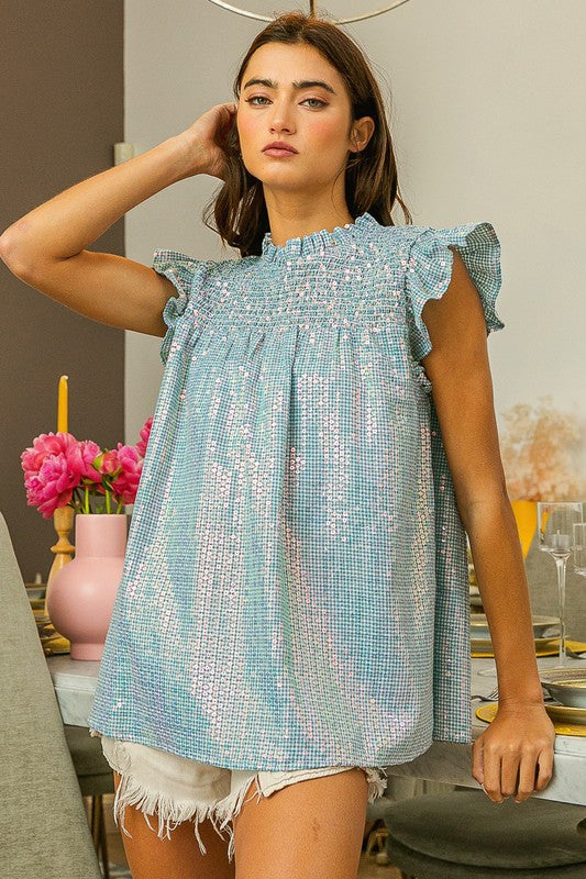 Sequin Gingham Smocked Top