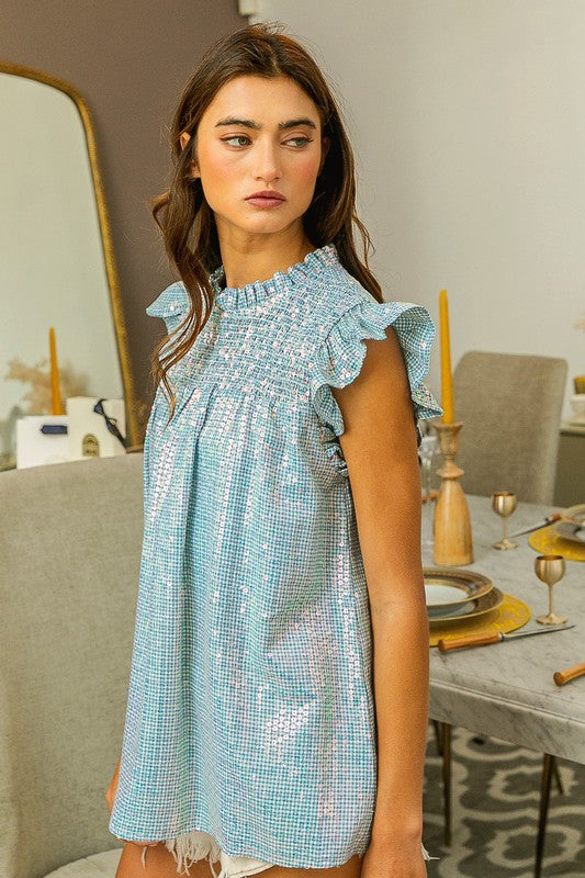 Sequin Gingham Smocked Top