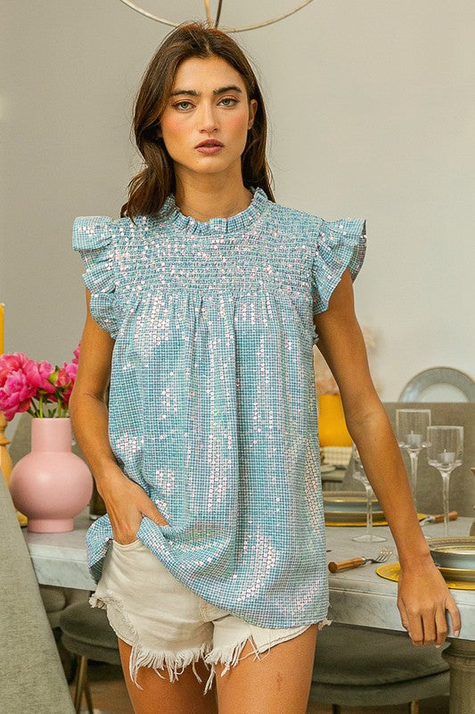 Sequin Gingham Smocked Top