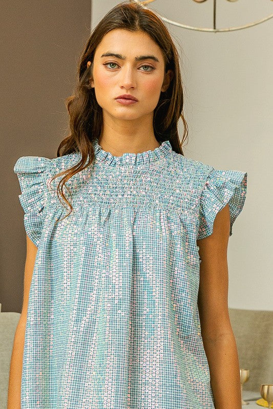 Sequin Gingham Smocked Top