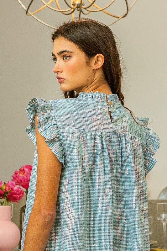 Sequin Gingham Smocked Top