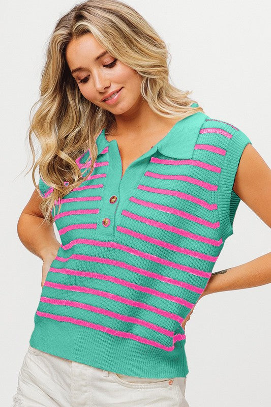 Striped Sleeveless Collared Sweater