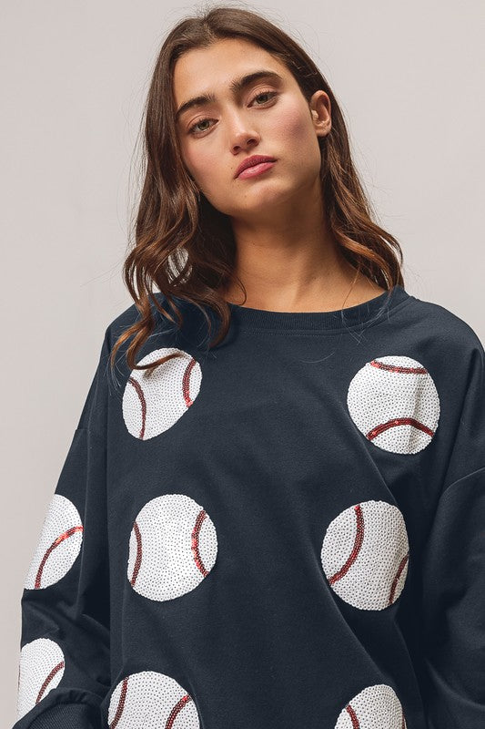 Sequin Baseball French Terry Pullover