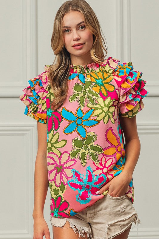 Floral Pattern Multi Ruffle Top