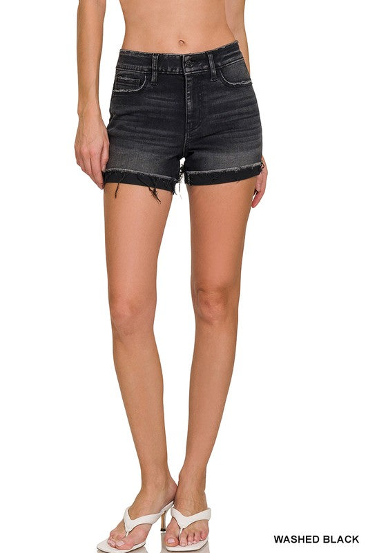 Washed Black Cuffed Raw Hem Denim Shorts