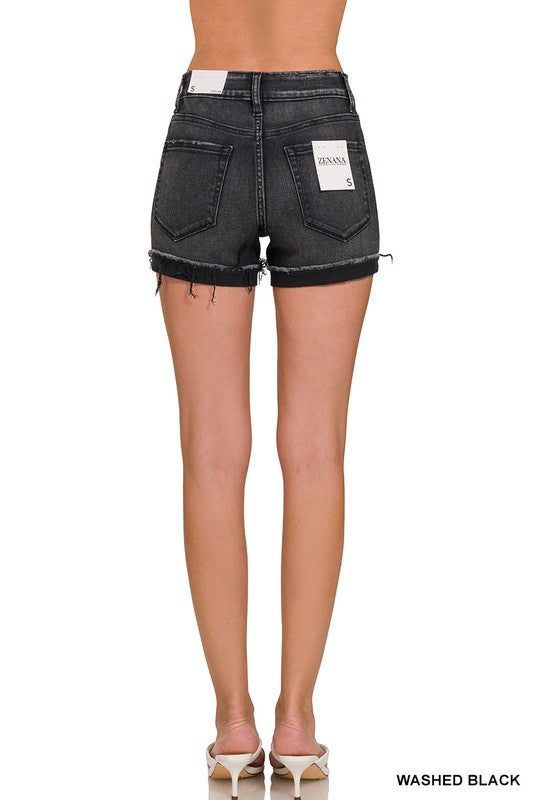 Washed Black Cuffed Raw Hem Denim Shorts